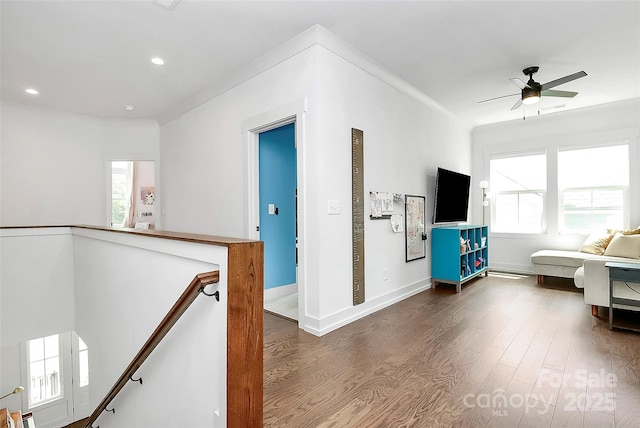 2600 Palm Ave, Charlotte, NC 28205 - corridor with an upstairs landing, dark wood finished floors, recessed lighting, baseboards, and ornamental molding