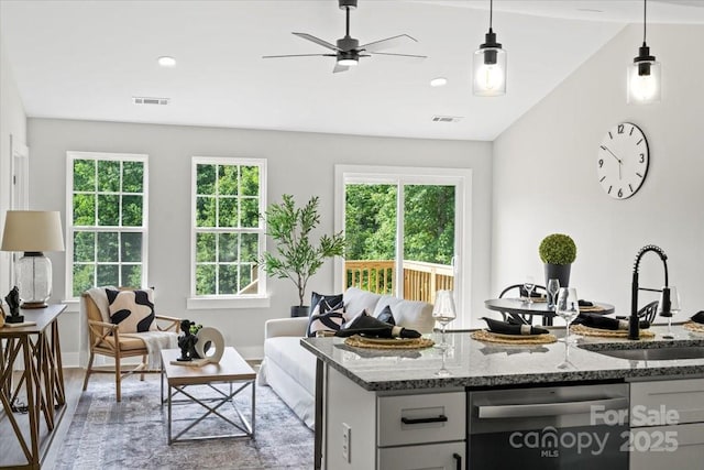 2906 Swicegood Rd, Linwood, NC 27299 - kitchen featuring stainless steel dishwasher, a sink, ceiling fan, wood finished floors, and light stone counters