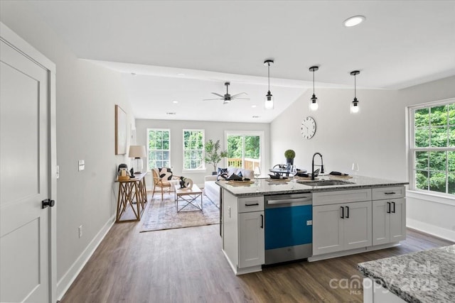2906 Swicegood Rd, Linwood, NC 27299 - kitchen with dishwasher, a sink, dark wood finished floors, a ceiling fan, and open floor plan