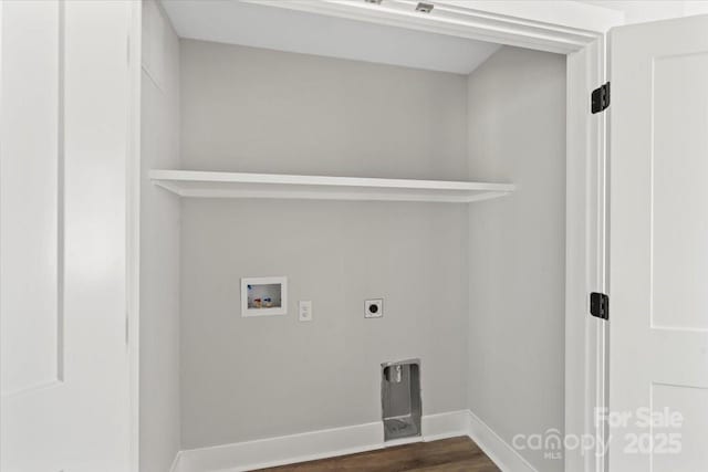 2906 Swicegood Rd, Linwood, NC 27299 - washroom with washer hookup, baseboards, dark wood finished floors, and hookup for an electric dryer