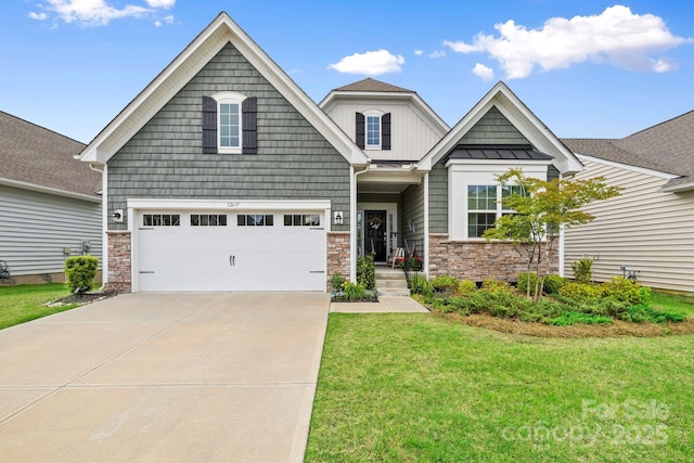 12637 Belmont Mansion Dr, Charlotte, NC 28273 - craftsman-style home featuring stone siding, a standing seam roof, a front lawn, driveway, and metal roof