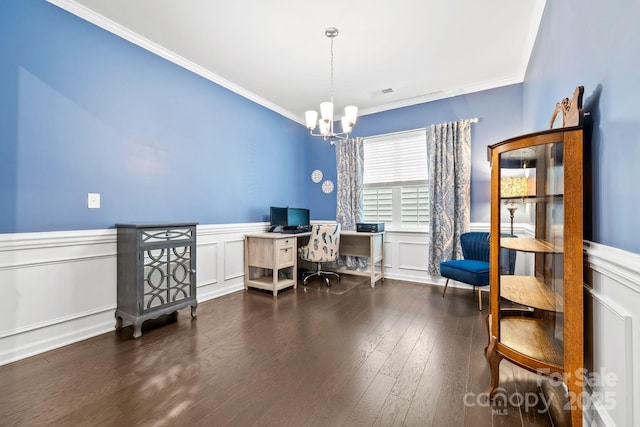 12637 Belmont Mansion Dr, Charlotte, NC 28273 - office space with a chandelier, ornamental molding, a wainscoted wall, dark wood-style flooring, and a decorative wall