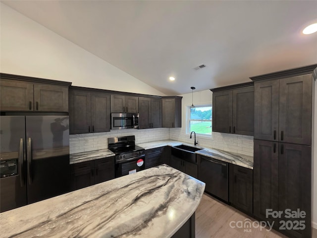 4364 Grover Pl, Granite Falls, NC 28630 - kitchen featuring electric stove, fridge with ice dispenser, stainless steel microwave, black dishwasher, and vaulted ceiling