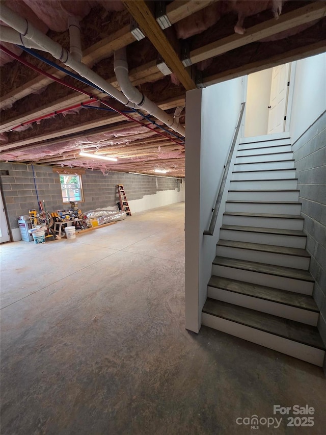 4364 Grover Pl, Granite Falls, NC 28630 - unfinished basement with stairway and concrete block wall