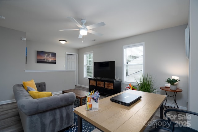 12719 Walking Stick Dr, Charlotte, NC 28278 - living area featuring baseboards, a ceiling fan, and wood finished floors