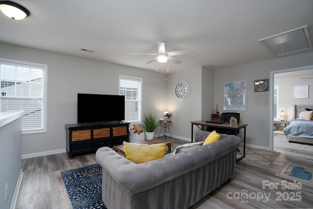 12719 Walking Stick Dr, Charlotte, NC 28278 - living area featuring attic access, ceiling fan, wood finished floors, and baseboards