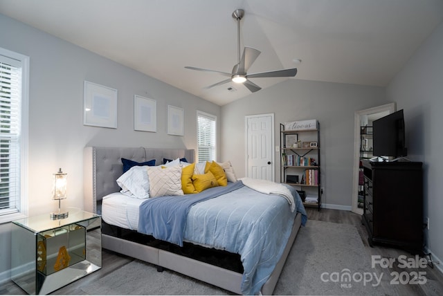 12719 Walking Stick Dr, Charlotte, NC 28278 - bedroom featuring wood finished floors, lofted ceiling, baseboards, ceiling fan, and a closet