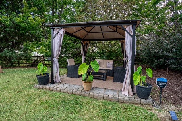 12719 Walking Stick Dr, Charlotte, NC 28278 - view of green lawn with a gazebo, an outdoor living space, and a patio