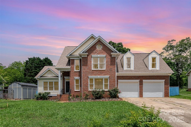 8429 Meadowcroft Ct, Charlotte, NC 28215 - view of front of home with driveway, a lawn, brick siding, a shingled roof, and a garage
