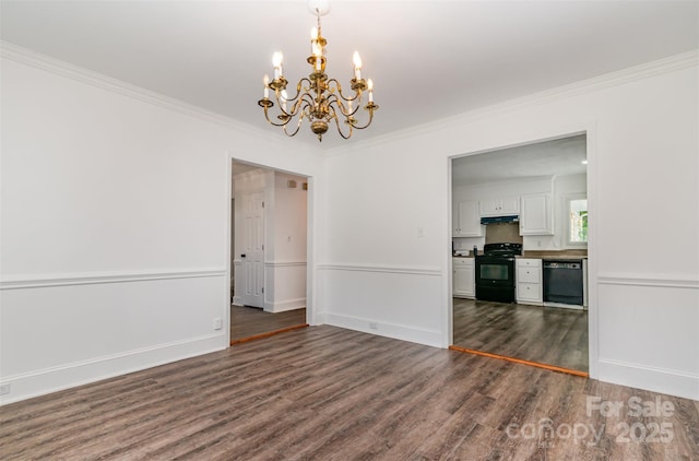 8429 Meadowcroft Ct, Charlotte, NC 28215 - unfurnished dining area featuring a chandelier, dark wood-style flooring, crown molding, and baseboards