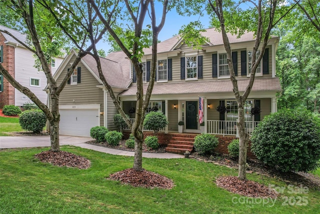 5233 Fairvista Dr, Charlotte, NC 28269 - view of front of property featuring concrete driveway, covered porch, roof with shingles, a front lawn, and an attached garage