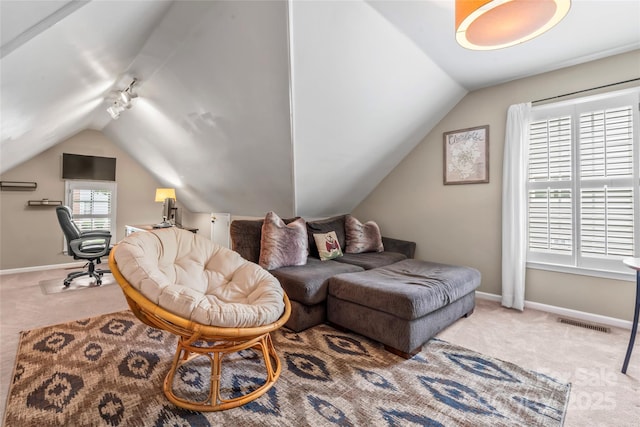 5233 Fairvista Dr, Charlotte, NC 28269 - living area with carpet, lofted ceiling, baseboards, and an office area