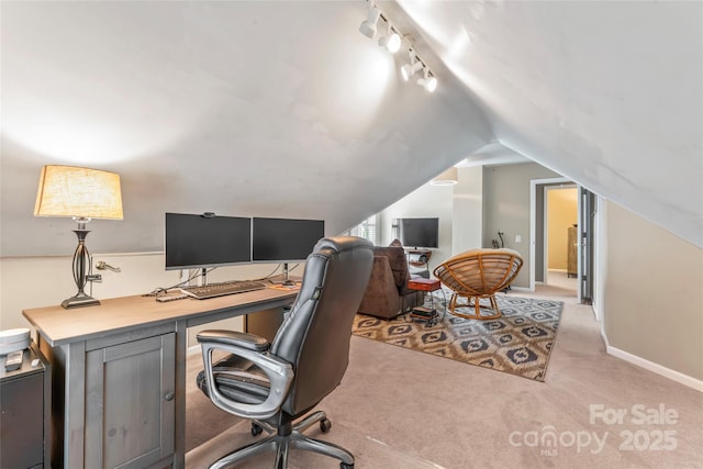 5233 Fairvista Dr, Charlotte, NC 28269 - office with light carpet, track lighting, lofted ceiling, and baseboards