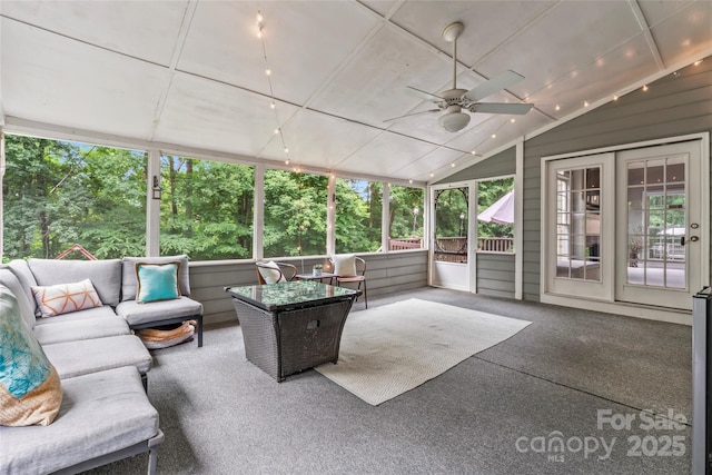 5233 Fairvista Dr, Charlotte, NC 28269 - sunroom with outdoor lounge area, ceiling fan, and vaulted ceiling