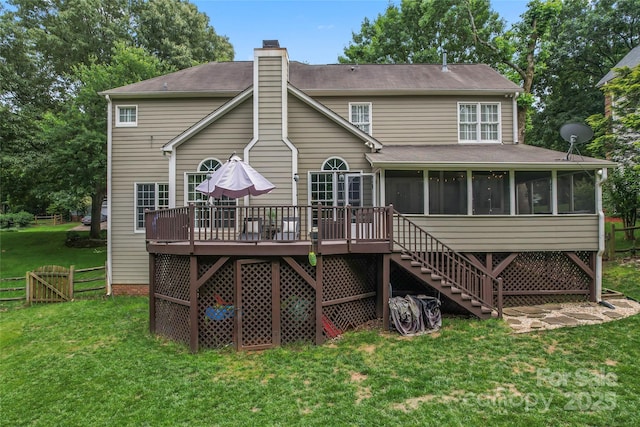 5233 Fairvista Dr, Charlotte, NC 28269 - back of house with a sunroom, stairway, a chimney, a wooden deck, and roof with shingles