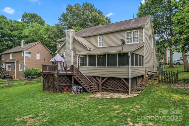5233 Fairvista Dr, Charlotte, NC 28269 - rear view of property with a sunroom, stairs, a wooden deck, a gate, and a chimney