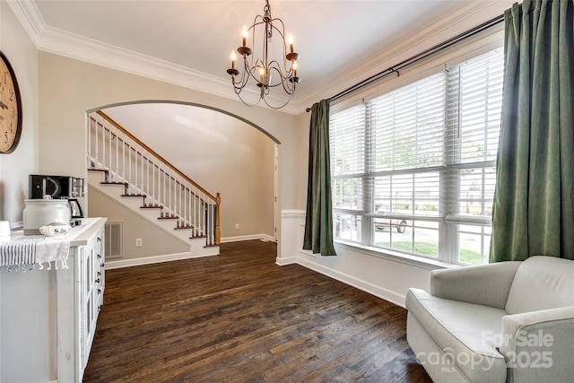 1648 Jonesberry Dr, Rock Hill, SC 29732 - foyer featuring arched walkways, ornamental molding, dark wood-style floors, plenty of natural light, and stairs