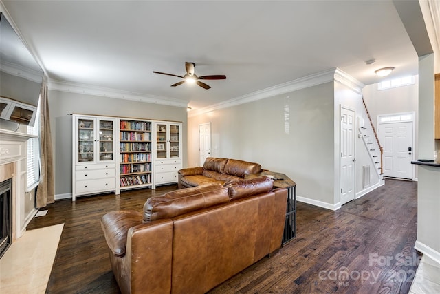 1648 Jonesberry Dr, Rock Hill, SC 29732 - living area featuring ceiling fan, a high end fireplace, wood finished floors, ornamental molding, and stairs