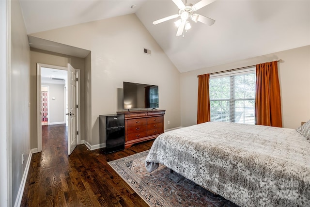 1648 Jonesberry Dr, Rock Hill, SC 29732 - bedroom with dark wood-type flooring, high vaulted ceiling, baseboards, ceiling fan, and freestanding refrigerator