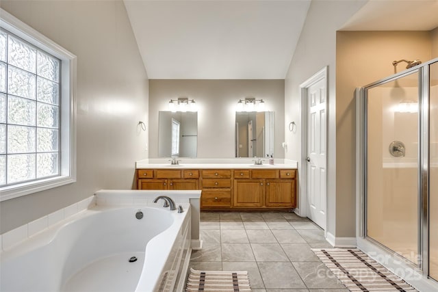 1648 Jonesberry Dr, Rock Hill, SC 29732 - full bath with lofted ceiling, a shower stall, double vanity, a bath, and tile patterned flooring