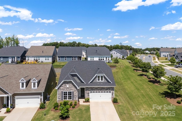 19004 Dry Narrows Way, Charlotte, NC 28278 - view of front of house featuring concrete driveway, a residential view, stone siding, and a front yard