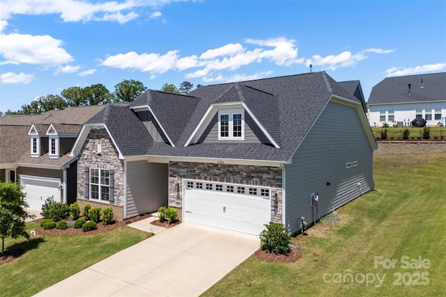 19004 Dry Narrows Way, Charlotte, NC 28278 - craftsman house with stone siding, driveway, a front yard, and roof with shingles