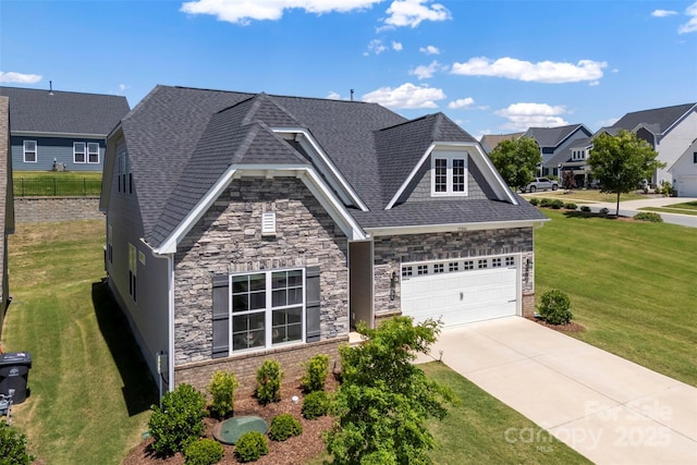 19004 Dry Narrows Way, Charlotte, NC 28278 - view of front of house with stone siding, a shingled roof, a garage, concrete driveway, and a residential view