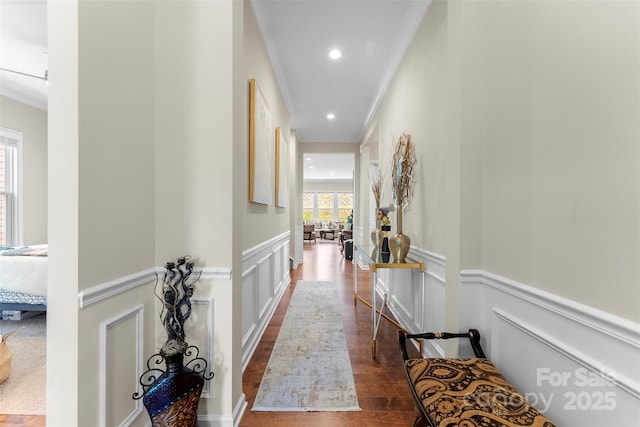 19004 Dry Narrows Way, Charlotte, NC 28278 - hall featuring a decorative wall, wood finished floors, wainscoting, ornamental molding, and recessed lighting