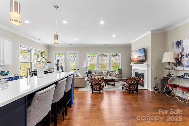 19004 Dry Narrows Way, Charlotte, NC 28278 - kitchen featuring wood finished floors, light countertops, pendant lighting, ornamental molding, and white cabinetry