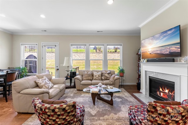 19004 Dry Narrows Way, Charlotte, NC 28278 - living room featuring crown molding, a high end fireplace, recessed lighting, and wood finished floors