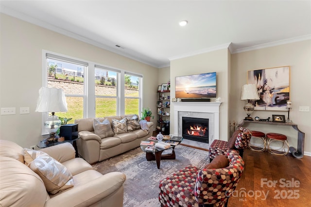 19004 Dry Narrows Way, Charlotte, NC 28278 - living room featuring wood finished floors, crown molding, a fireplace, baseboards, and recessed lighting