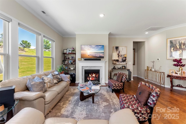 19004 Dry Narrows Way, Charlotte, NC 28278 - living room featuring wood finished floors, crown molding, a glass covered fireplace, recessed lighting, and baseboards