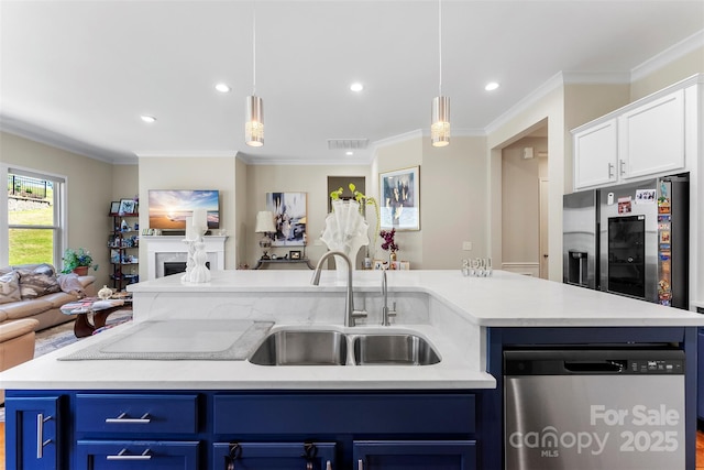 19004 Dry Narrows Way, Charlotte, NC 28278 - kitchen with open floor plan, a sink, blue cabinets, stainless steel appliances, and light countertops