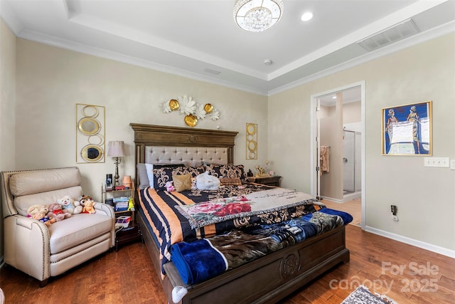 19004 Dry Narrows Way, Charlotte, NC 28278 - bedroom featuring a tray ceiling, wood finished floors, baseboards, a chandelier, and ornamental molding