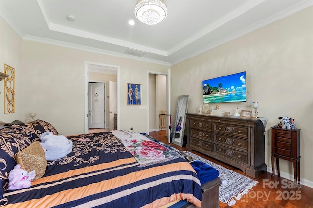 19004 Dry Narrows Way, Charlotte, NC 28278 - bedroom featuring a tray ceiling, wood finished floors, a chandelier, and baseboards