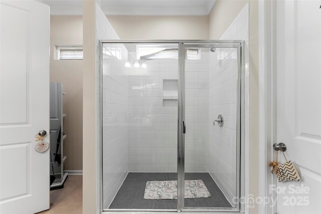 19004 Dry Narrows Way, Charlotte, NC 28278 - full bath featuring a shower stall, plenty of natural light, and ornamental molding