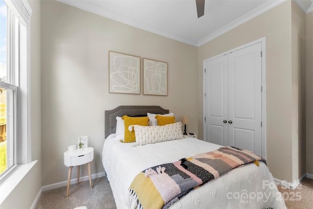 19004 Dry Narrows Way, Charlotte, NC 28278 - bedroom with light carpet, a closet, baseboards, ornamental molding, and ceiling fan