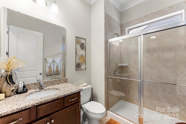 19004 Dry Narrows Way, Charlotte, NC 28278 - full bath featuring toilet, vanity, a shower stall, and ornamental molding
