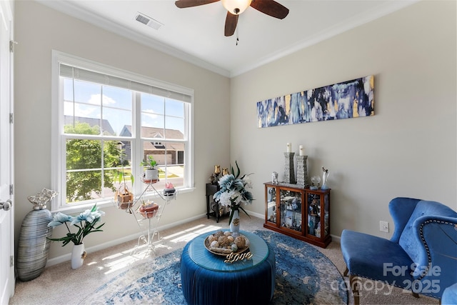 19004 Dry Narrows Way, Charlotte, NC 28278 - living area with carpet flooring, baseboards, ornamental molding, and ceiling fan