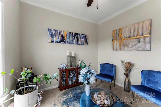 19004 Dry Narrows Way, Charlotte, NC 28278 - living area with carpet floors, baseboards, a ceiling fan, and ornamental molding