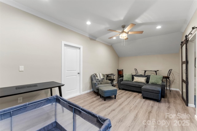 19004 Dry Narrows Way, Charlotte, NC 28278 - living area with a barn door, light wood-style flooring, a ceiling fan, baseboards, and recessed lighting