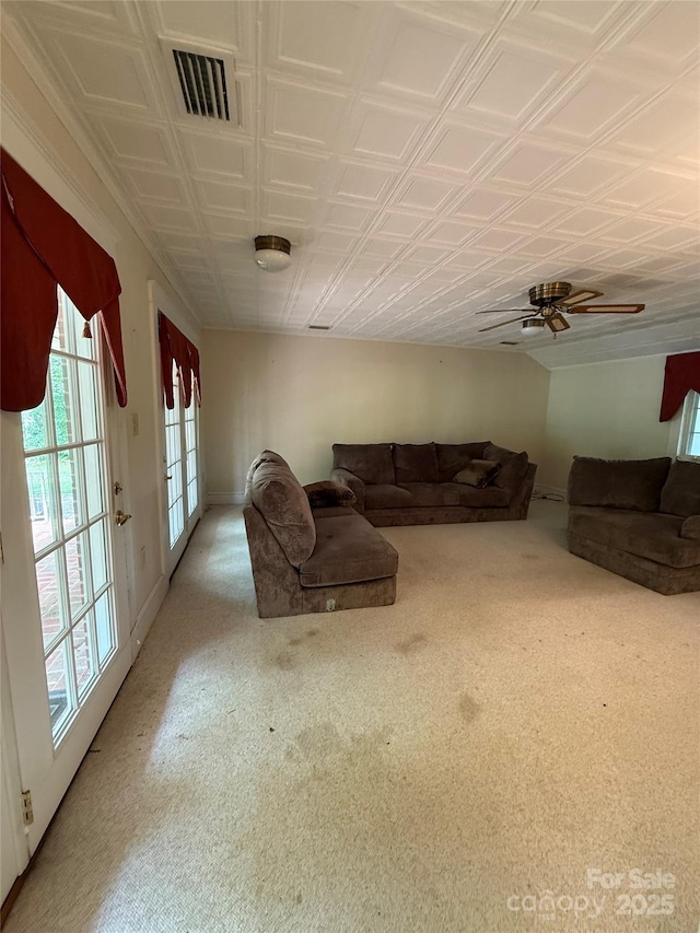 3586 US-70 Rd W, Marion, NC 28752 - carpeted living area with ceiling fan, an ornate ceiling, and baseboards