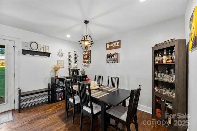 7921 Willhill Rd, Mint Hill, NC 28227 - dining room featuring recessed lighting, dark wood-type flooring, and baseboards