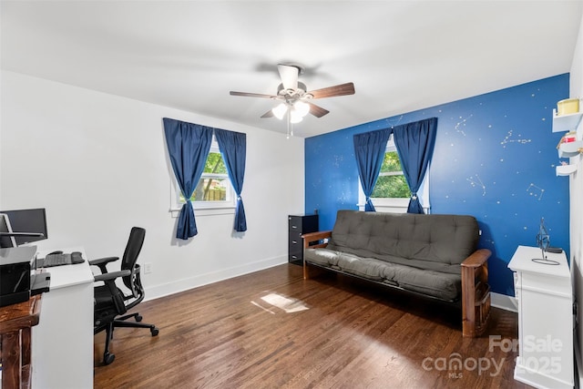 7921 Willhill Rd, Mint Hill, NC 28227 - home office with plenty of natural light, wood finished floors, a ceiling fan, and baseboards