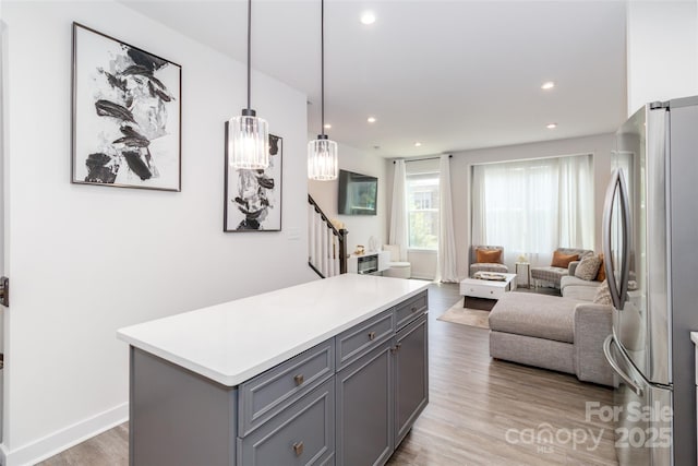 628 Uwharrie River Rd, Charlotte, NC 28211 - kitchen featuring freestanding refrigerator, gray cabinetry, open floor plan, light countertops, and recessed lighting