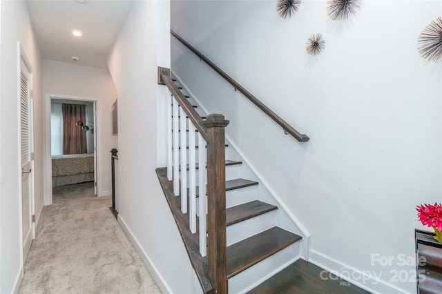 628 Uwharrie River Rd, Charlotte, NC 28211 - staircase featuring carpet flooring, baseboards, and recessed lighting