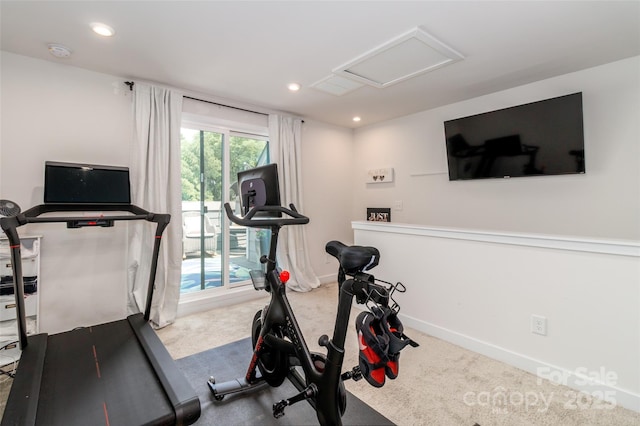 628 Uwharrie River Rd, Charlotte, NC 28211 - workout room with recessed lighting, carpet flooring, attic access, and baseboards