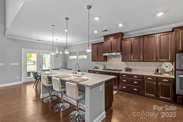 11209 Flenniken Ct, Charlotte, NC 28277 - kitchen featuring a sink, appliances with stainless steel finishes, under cabinet range hood, dark wood-type flooring, and tasteful backsplash