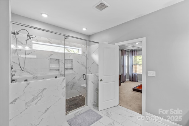 11209 Flenniken Ct, Charlotte, NC 28277 - full bathroom with marble finish flooring, a marble finish shower, connected bathroom, baseboards, and recessed lighting