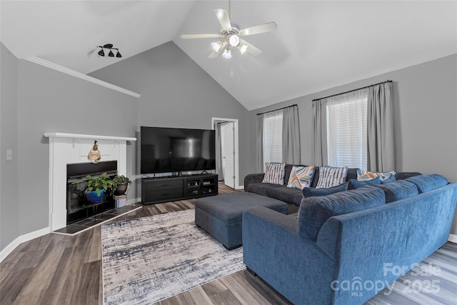 532 Jedburgh Way, Rock Hill, SC 29730 - living area featuring ceiling fan, high vaulted ceiling, wood finished floors, and baseboards